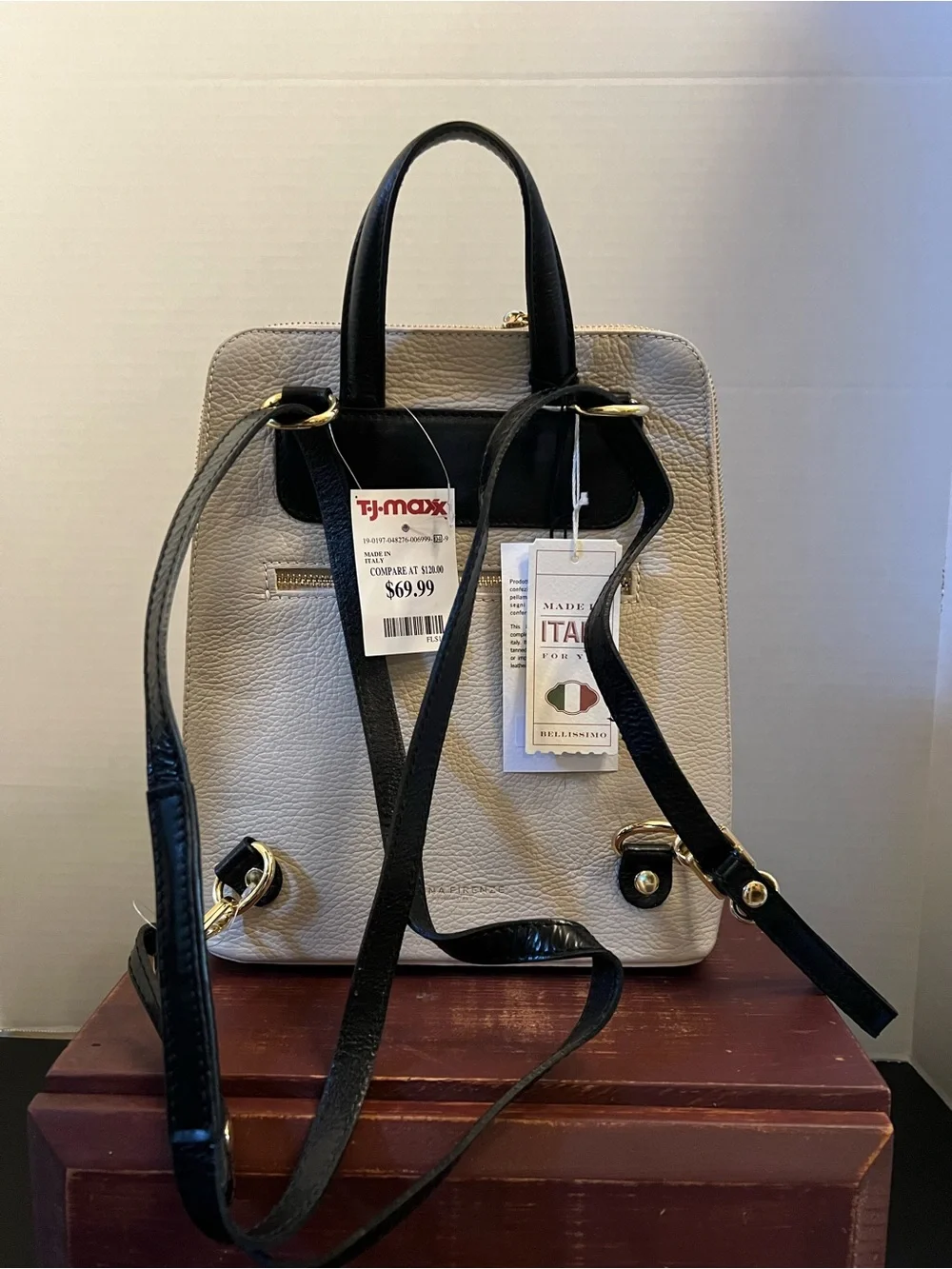 Two-Tone Black and Cream Leather Women's Backpack